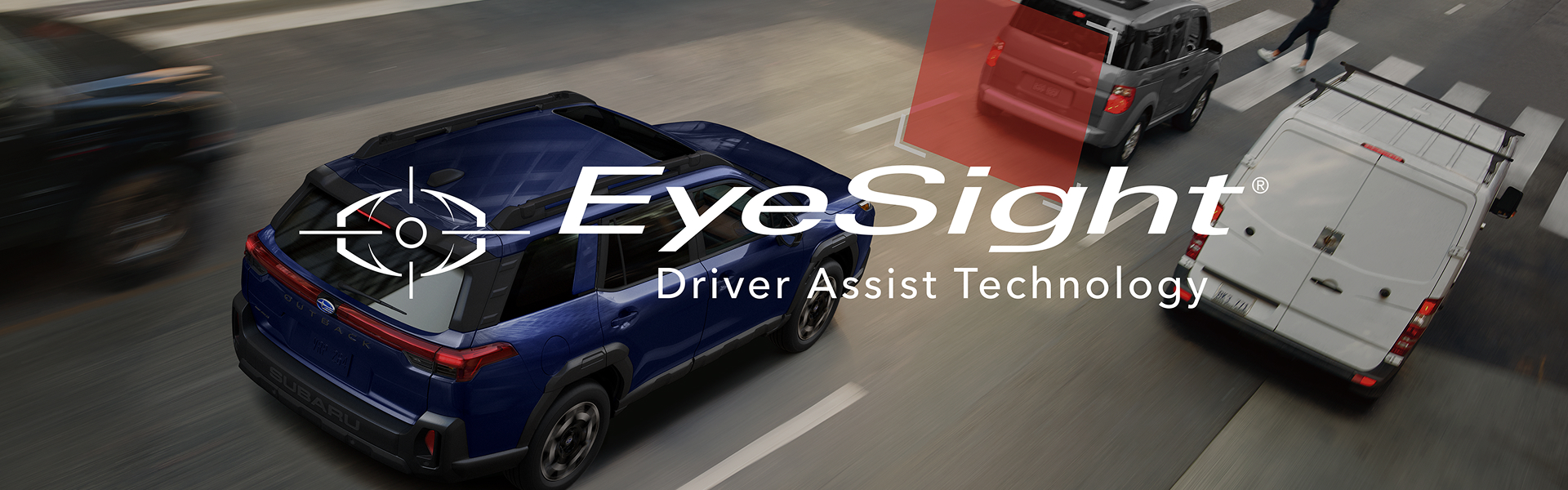 2026 Outback driving on road with graphic overlay demonstrating EyeSight technology