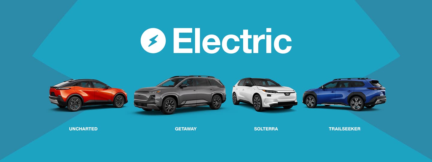 Four Subaru electric vehicles displayed on a blue background with the word ‘Electric’ and a lightning bolt icon above them. From left to right: a red Subaru Uncharted, a grey Subaru Getaway, a white Subaru Solterra, and a blue Subaru Trailseeker.