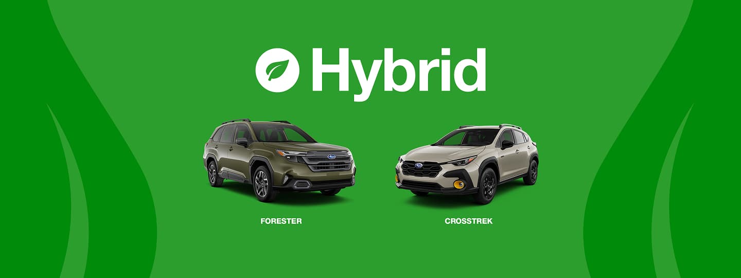 Two Subaru hybrid vehicles displayed on a green background with the word ‘Hybrid’ and a leaf icon above them. 