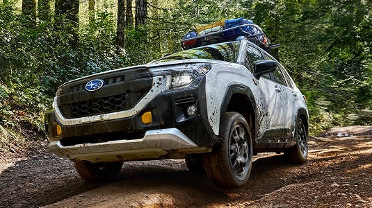 A static image of a white 2026 Subaru Forester Wilderness driving on a dirt and rock trail in a dense forest. 