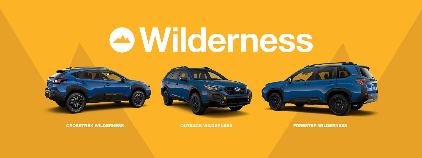 A static graphic featuring the 2026 Subaru Wilderness lineup on a bright yellow background. 