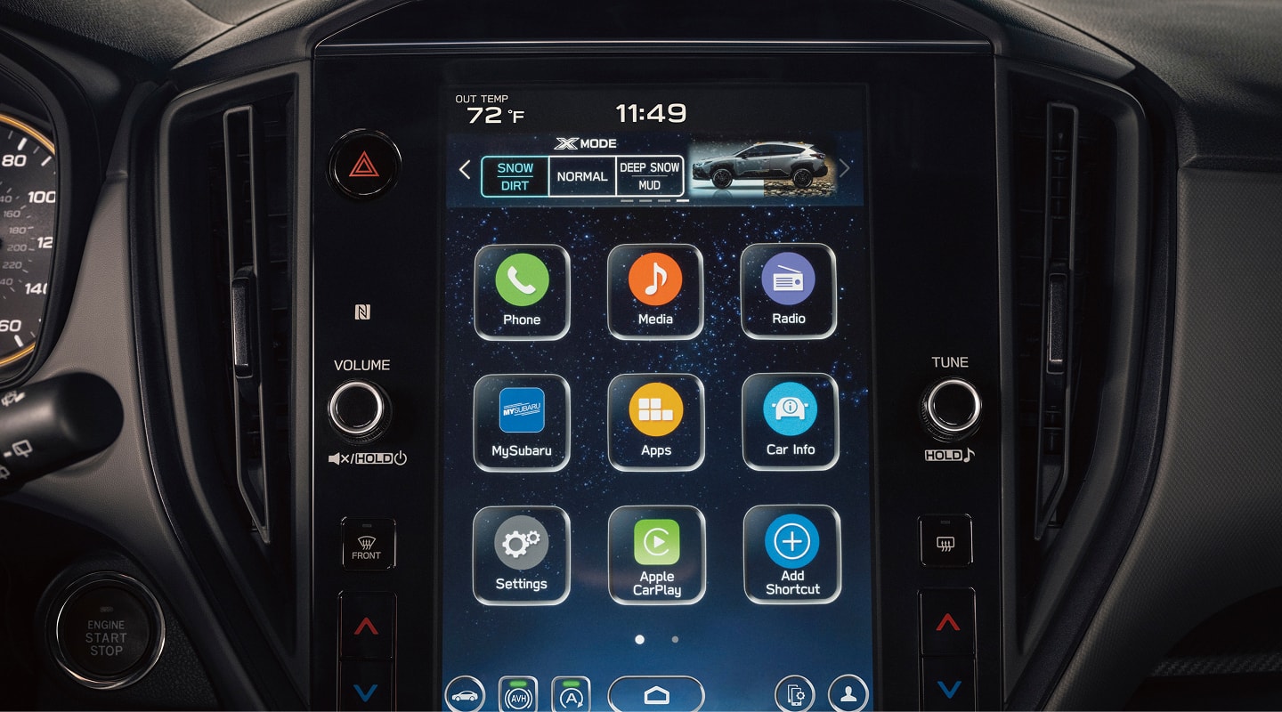 A static close-up image of the center touchscreen display inside a Subaru Wilderness model. 