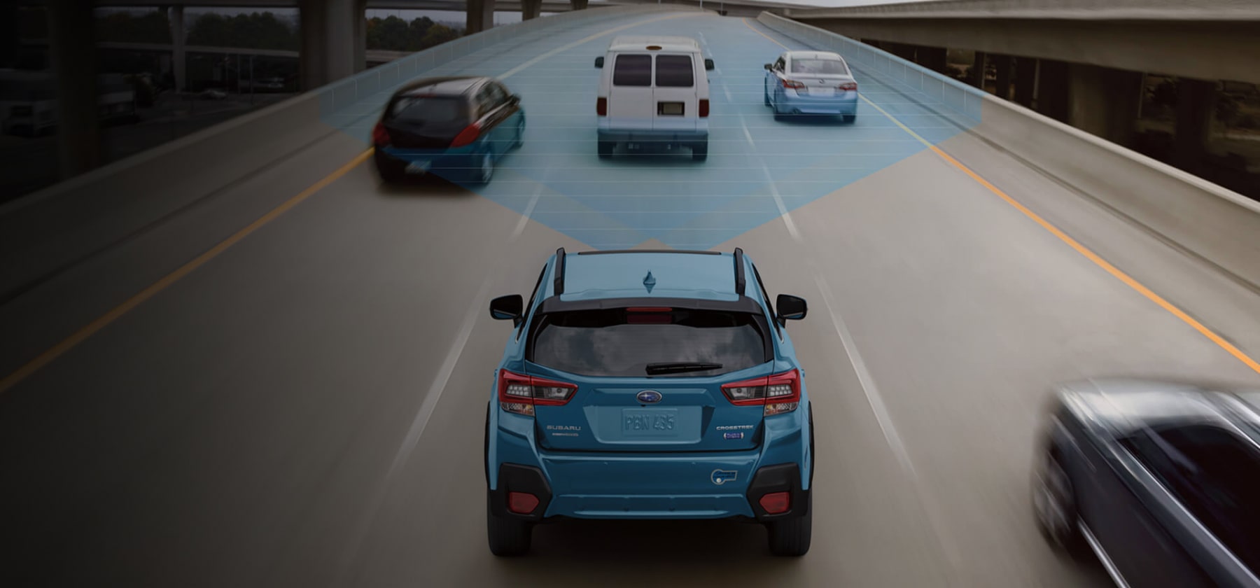A Crosstrek Hybrid projecting a blue bars on traffic representing Eyesight Driver assist