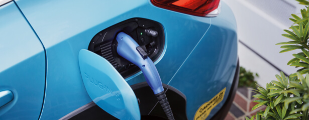 A close-up showing the charging port of the 2023 Crosstrek Hybrid.