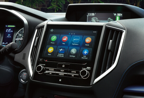 A close-up of the STARLINK Multimedia touchscreen in the 2023 Crosstrek Hybrid.