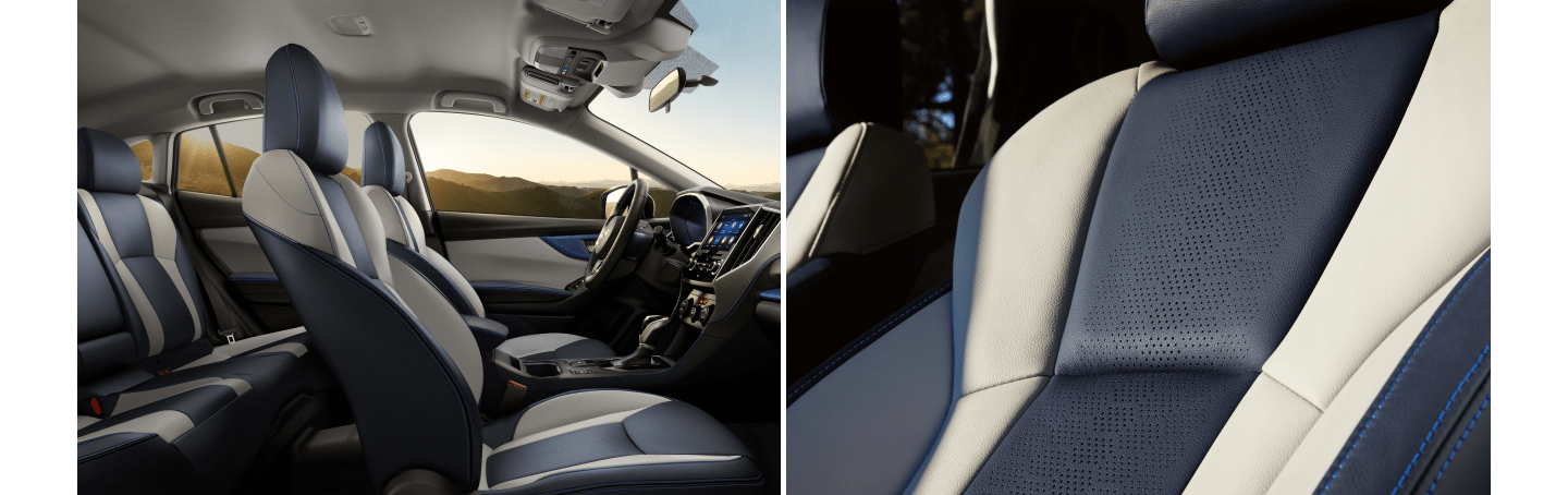 A side view of the interior of the 2023 Crosstrek Hybrid and a close-up of the high-contrast navy and gray leather seats in the 2023 Crosstrek Hybrid.