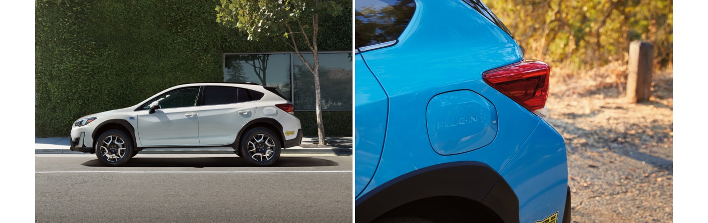 A side view of the 2023 Crosstrek Hybrid and A close-up of the charging port of the 2023 Crosstrek Hybrid.