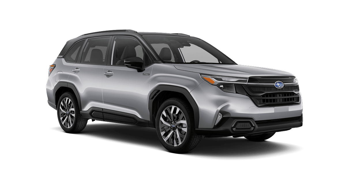 2026 Subaru Forester Touring Hybrid Shown in Ice Silver Metallic / Crystal Black Silica Two-Tone