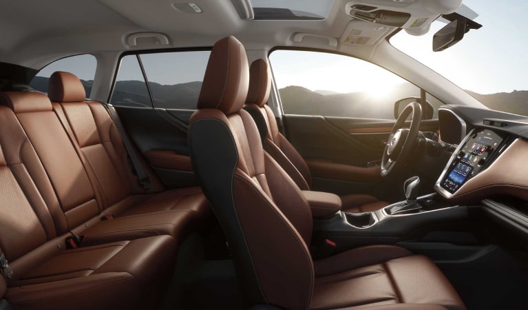 A side view showing the Nappa leather-trimmed interior of the 2022 Outback Touring model.